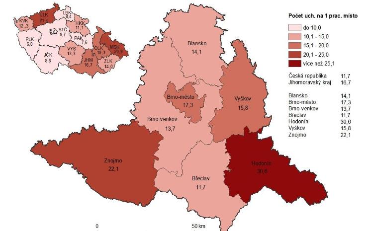 Obrázek 10: Počet uchazečů na 1 volné pracovní místo v Jihomoravském kraji v roce 2014 Zdroj: MPSV.