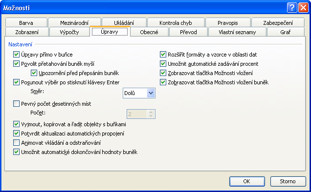 Kapitola 5 Přizpůsobení činnosti Microsoft Excelu 95 Obrázek 5-13: Na kartě Úpravy definujeme chování Excelu při editaci dokumentu UPOZORNĚNÍ Zaškrtávací políčko Upozornění před přepsáním buněk ale