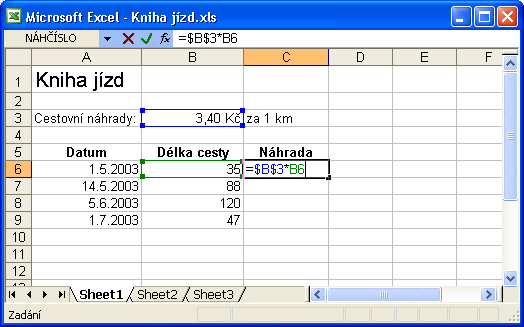 100 Microsoft Office Excel 2003 2. Vybereme podnabídku Úpravy, Vyplnit, a dále příkaz Dolů, pokud se buňka se vzorcem nachází na horním okraji výběru (další možnosti jsou Doprava, Nahoru a Doleva).