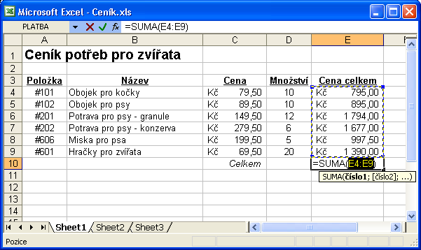 104 Microsoft Office Excel 2003 1. Klepneme na buňku, do níž chceme umístit funkci SUMA (zde E10). Při sečítání sloupce čísel vybereme tedy buňku bezprostředně pod posledním číslem. 2. Nyní klepneme na tlačítko AutoSum.