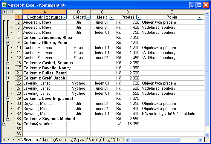 Kapitola 8 Databázové postupy: seznamy, filtry a kontingenční tabulky 143 POZNÁMKA Příkazem Souhrny můžeme definované skupiny a výpočty jakkoli upravit.