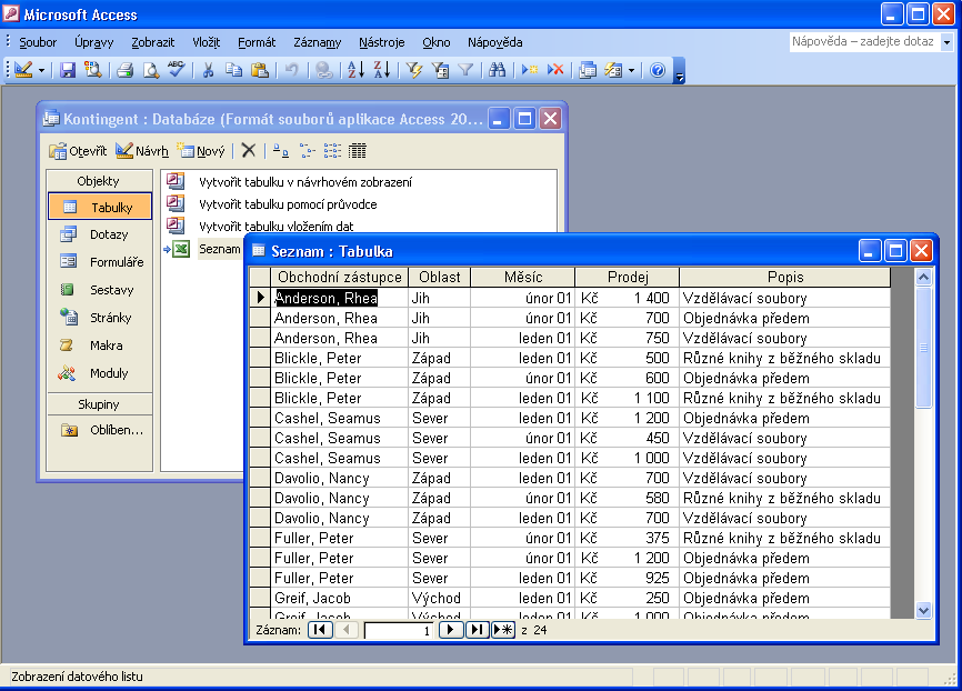 Kapitola 8 Databázové postupy: seznamy, filtry a kontingenční tabulky 145 Po importu a uložení tabulky se do nabídek Accessu promítne celá řada známých příkazů pro správu dat a jejich formátování.