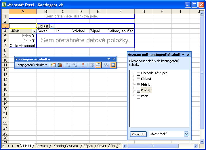 148 Microsoft Office Excel 2003 Obrázek 8-10: Kontingenční tabulka nabízí nové možnosti uspořádání dat v listu Pole Prodej