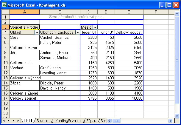 Kapitola 8 Databázové postupy: seznamy, filtry a kontingenční tabulky 149 Vyhodnocení kontingenční tabulky Naučit se číst v kontingenční tabulce může chvilku trvat, protože její pohled na data je