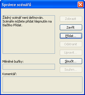 166 Microsoft Office Excel 2003 Obrázek 9-6: Před vytvořením scénáře musíme mít v listu alespoň jeden vzorec závislý na proměnných 1. Zadáme příkaz Nástroje, Správce scénářů.