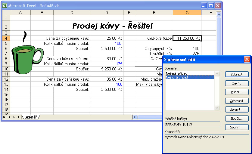 168 Microsoft Office Excel 2003 Obrázek 9-7: Tlačítkem Zobrazit můžeme porovnat výsledky různých scénářů Postup při vytvoření zprávy scénáře vypadá takto: 1.