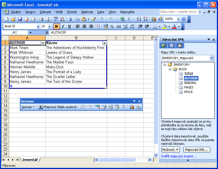 188 Microsoft Office Excel 2003 Toto podokno obsahuje hierarchický seznam všech prvků (elementů) zdrojového dokumentu XML a zobrazuje tak jeho strukturu.