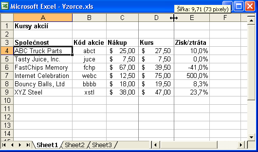 48 Microsoft Office Excel 2003 Ruční úprava výšky a šířky Sloupec rozšíříme nebo zúžíme tažením pravé hrany jeho záhlaví pomocí myši, nebo zadáním přesné hodnoty nové šířky v příkazu Formát, Sloupec,