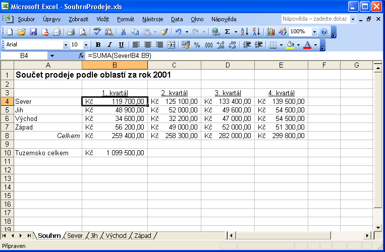 66 Microsoft Office Excel 2003 promítne, přičemž označení oblasti buněk je od názvu sešitu odděleno vykřičníkem (Sever!B4:B9). 5. Stiskem klávesy Enter dokončíme podobu vzorce.