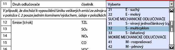 Pole 9 Časový režim vypouštění emisí Zaškrtnou se pole, které nejlépe odpovídají reálnému stavu v provozovně v daném roce. Aplikace při zaškrtávání generuje v zeleném poli 10ti místný kód.