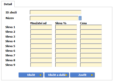 Množstevní slevy (až 9 různých slev) pro jednotlivé zboží: Sleva Vyhledat - vyhledá podle zadaných kritérií - podle ID produktu, Názvu, Poznámky, Čárového kódu.