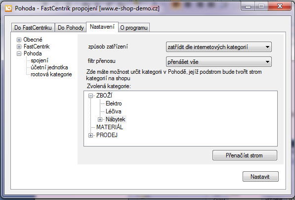 Nyní nastavíme rootovou kategorii. Klikněte na položku rootová kategorie a poté klikněte na tlačítko přenačíst strom. Načetly se kategorie, které máme v Pohodě vedeny jako Sklady.