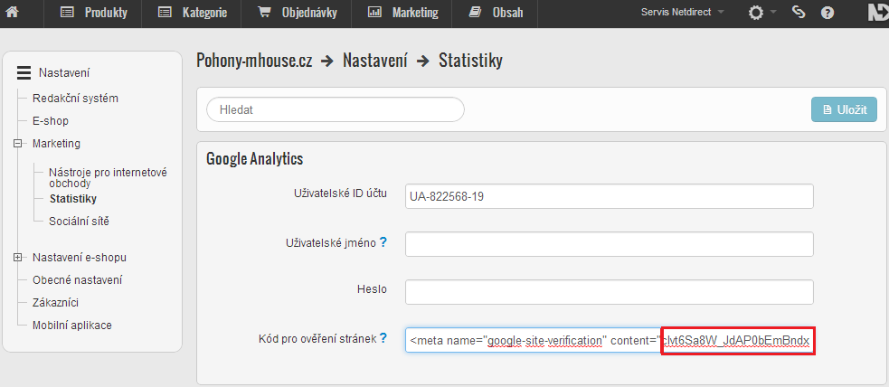 Statistiky Google Analytics Podpora ověření stránek Google - v nastavení je možno zadat kód pro ověření stránek, který je generován do metaznaku pro potřeby ověření stránek prostřednictvím nástroje