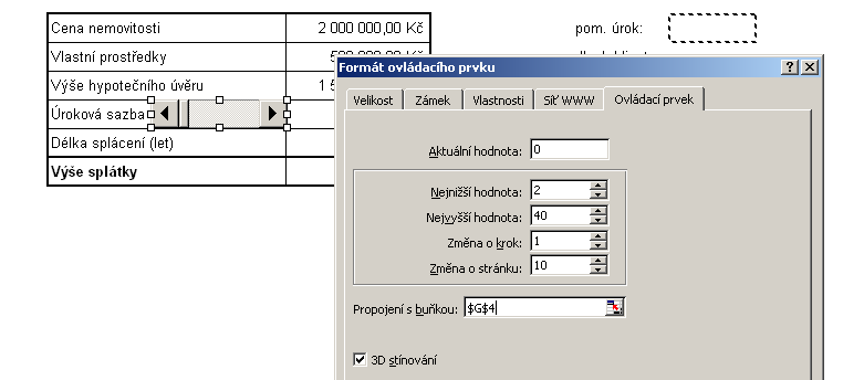 - v buňce C7 máme vypočtenou roční úrokovou sazbu z údajů ve spodní části tabulky: použili jsme logickou funkci KDYŽ, kde zohledňujeme půlprocentní zvýhodnění oproti zadané sazbě (v buňce C13), pokud