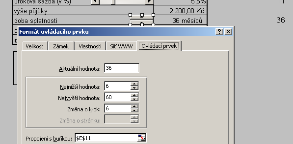 - Do prostoru buňky B9 vložíme opět posuvník, který propojíme s pomocnou buňkou E9 a nastavíme jej dle následujícího nastavení: - Dále do buňky C9 zapíšeme vzorec: =E9/200, který nám zobrazuje výši