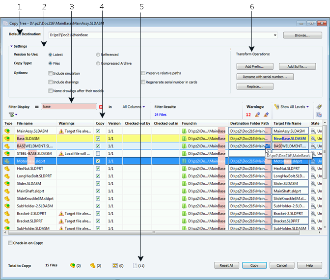 SOLIDWORKS Enterprise PDM V dialogovém okně Kopírovat strom: Pole Výchozí cíl zobrazuje umístění aktuální složky vybraného souboru.