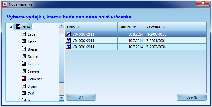 110 V okně pro nalezení požadované výdejky je strom členění dokladů, který v tabulce v pravé části zobrazí výdejky vybraného období (roku nebo měsíce).