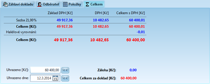 Jak co v OCEP udělat 141 Na záložce "Celkem" můžeme zadat výši úhrady faktury a datum úhrady. Informace o úhradě faktury jsou signalizovány ikonou u dokladu v tabulce.