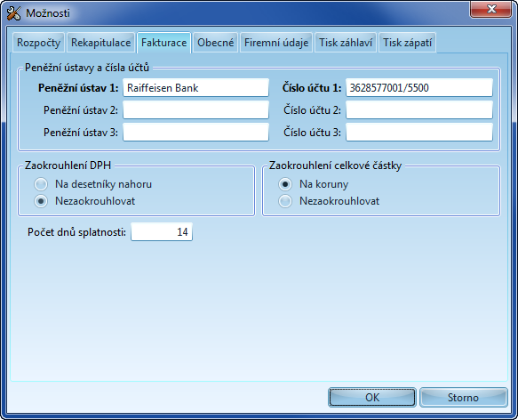 172 Na záložce "Fakturace" se nastavuje peněžní ústav a číslo účtu pro vystavované faktury, dále způsob zaokrouhlení DPH a celého dokladu a počet dnů splatnosti faktur.