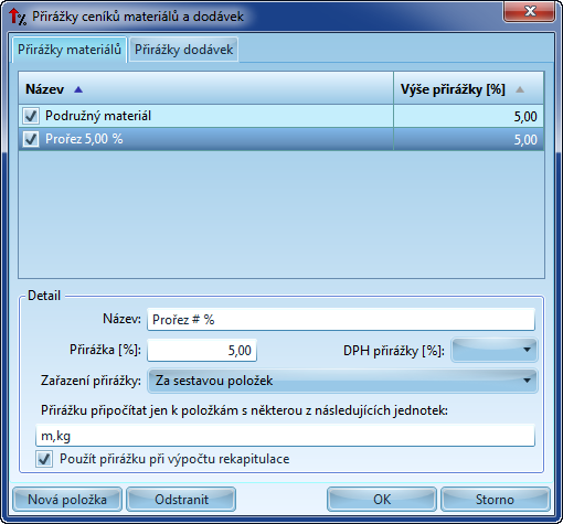 210 Přirážky materiálů: V horní části záložky je tabulka s aktuálním seznamem přirážek. Před názvem přirážky v tabulce je zaškrtávací rámeček, který určuje zda bude přirážka v rozpočtu počítána.