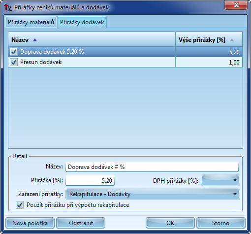 212 V horní části záložky je tabulka s aktuálním seznamem přirážek. Před názvem přirážky v tabulce je zaškrtávací rámeček, který určuje zda bude přirážka v rozpočtu počítána.