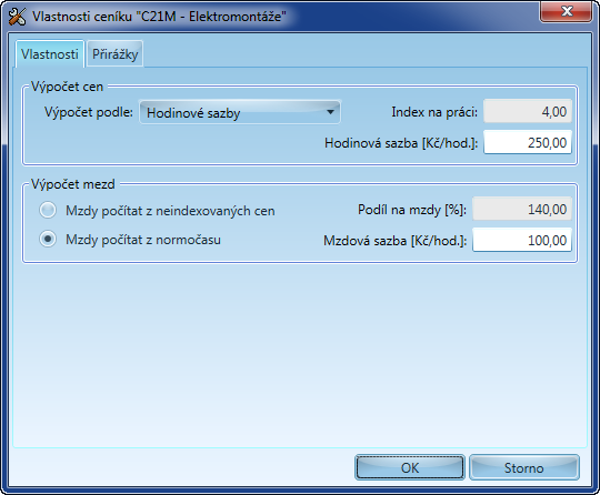 Jak co v OCEP udělat 219 Úkolové mzdy: Ve "Vlastnostech" montážních ceníků se nastavuje způsob výpočtu částky na mzdy při použití tohoto ceníku.