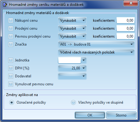 236 Nákupní cena - nákupní cenu položek (materiálů nebo dodávek) můžeme vynásobit nebo vydělit zadaným koeficientem Prodejní cena - prodejní cenu položek můžeme vynásobit nebo vydělit zadaným