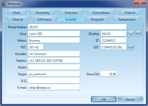 258 Obsahuje informace o investorovi a kontaktní osobě na firmě (telefon, Skype, ICQ, adresa elektronické pošty).