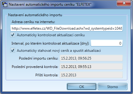 76 3.1.2.13.2 Nastavení automatického importu Program OCEP umožňuje automatické zjišťování a import ceníků z internetu.