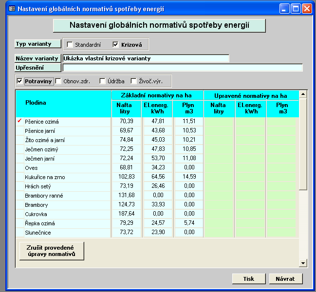 IV.4. Tlačítko Úprava normativů umožňuje nastavení vlastních globálních normativů potřeb energií pro výrobu komodit v zemědělské výrobě.