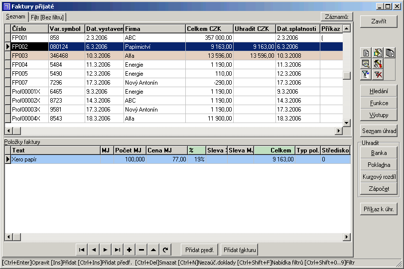 135 20. Příkaz k úhradě zpět 20 Zadání: Zařaďte do příkazu k úhradě faktury č. FP002 cena 9163,- Kč a FP003 cena 13596.- Kč a proveďte tisk hromadného příkazu k úhradě.