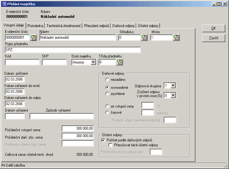 23 c) Přidání majetku do knihy majetku zpět 5 Nyní musíte zaevidovat nákladní automobil do knihy majetku. Klikněte na ikonu Majetek a přidejte zápis tlačítkem Insert, zobrazí se karta majetku.