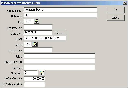 326 3. Počáteční stavy bankovních účtů zpět 3 Zadání: Nadefinujte počáteční stavy účtů KB 100000,- Kč, Česká spořitelna 50000,- Kč.