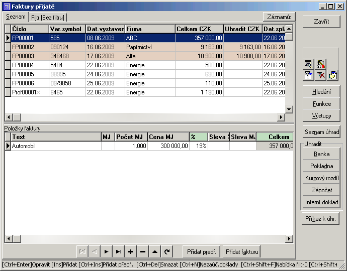 398 19. Příkaz k úhradě zpět 19 Zadání: Zařaďte do příkazu k úhradě faktury č. FP00002 cena 9163,- Kč a FP00003 cena 10900,- Kč a proveďte tisk hromadného příkazu k úhradě.