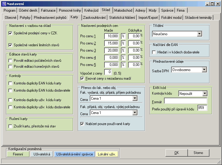 424 f) Marže zpět 1 Klikněte na tlačítko Nastavení volba Sklad záložka Karty. Zde zapište procentuální nebo peněžní marže pro cenu 1,2,...5.