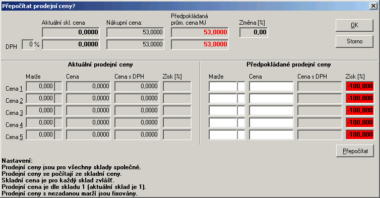 431 Ihned po zařazení nové ceny do seznamu cen se zobrazí přehledný dialog pro přepočet prodejních cen.