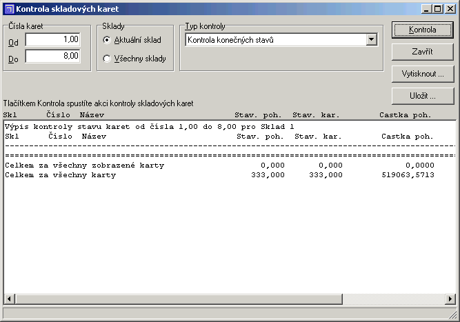 463 10. Kontroly zpět 10 a) Kontrola skladových karet Klikněte na tlačítko Skladové karty a dostanete se do seznamu skladních karet.