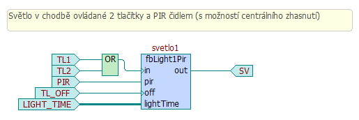 maxlighttime1 je zálohovaná proměnná (retain) definující max. dobu svícení světla v chodbě. Hodnotu této proměnné lze měnit z web stánky Parametry. V programu je definovaná následovně.