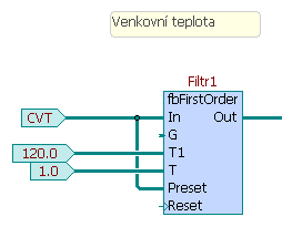 Měření venkovní teploty Pro měření venkovní teploty není v principu potřeba žádný speciální funkční blok, neboť teplota ve ºC je k dispozici přímo na vstupu Foxtrotu, kam je připojeno teplotní čidlo.