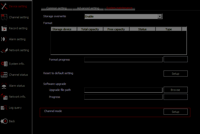 (4) Připojte NVR přes IE, klik Setup--Device setting--system maintenance-- channel mode setup. Zvolte kanál a zařízení a pak klik na Apply.