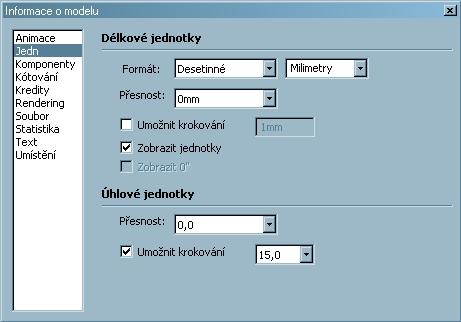 Obrázek 3: Nastavení "Jedn" Komponenty Vypnout osy komponent. Kótování Nastavení dle libosti. Doporučení výška textu 12 bodů Volba - Zarovnat k obrazovce. Kredity Nic se nenastavuje.