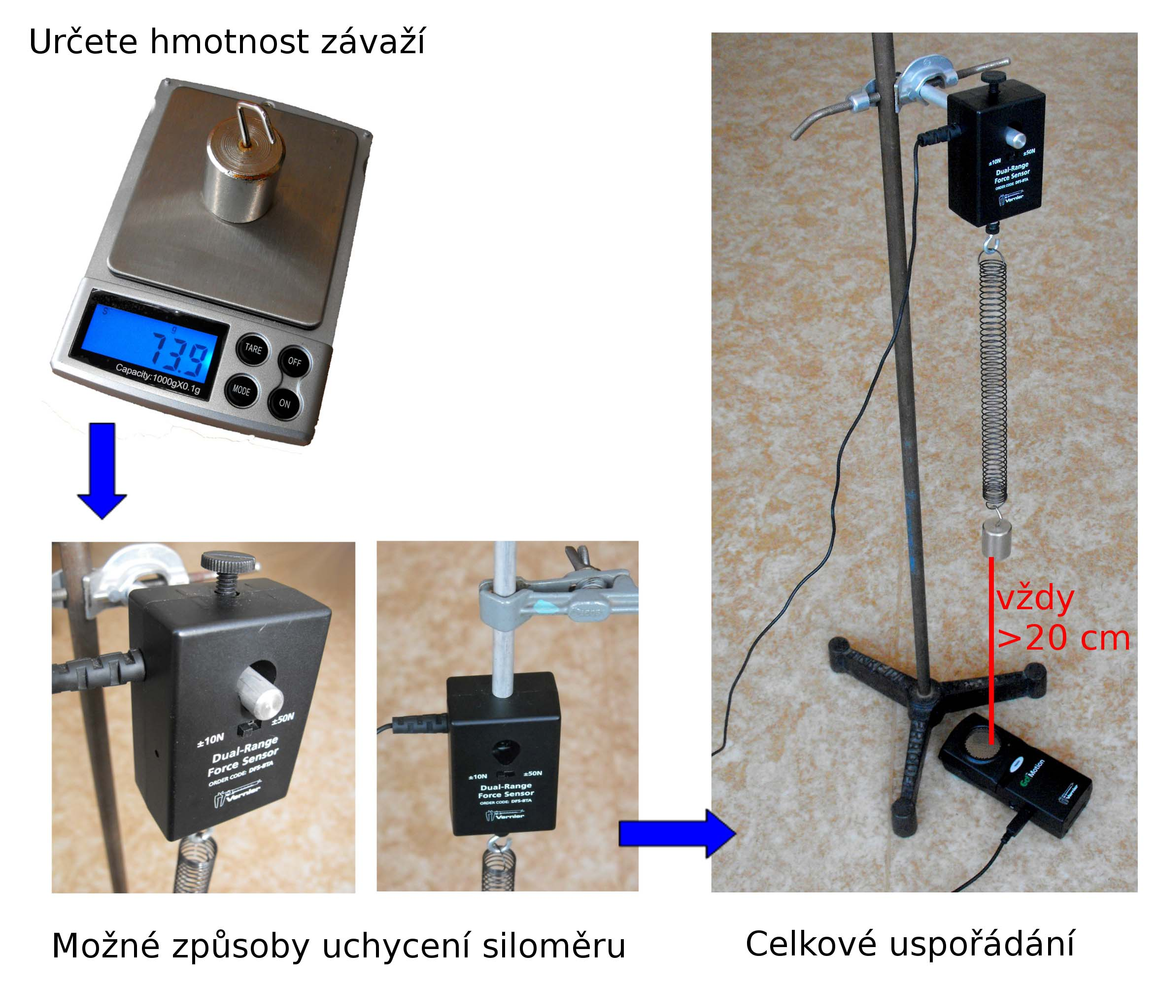 Obrázek 5.31: Uspořádání experimentu 3. Klávesovou zkratkou CTRL+D vyvolejte okno Sběr dat, nastavte délku měření 5 sekund a vzorkovací frekvenci 50 Hz. Potvrďte tlačítkem Hotovo. 4.