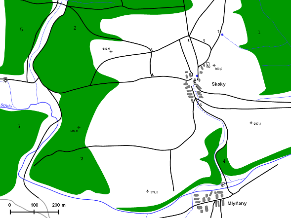 Druhé vojenské mapování Lesy 1 a 3 zůstaly stejné beze změny a les 2 se pouze protáhl v severní části směrem na východ. Jiţně pod Skokami se les 4 protáhl o kousek dál proti proudu Střely.