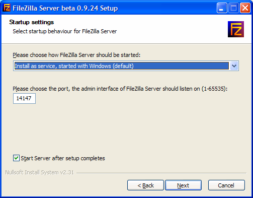 Kapitola 3 Instalace Obr. 2 FileZilla otevírá na portu 21 standardní FTP server a na Vámi zvoleném portu službu pro administraci (nastavování) Vašeho FTP serveru.