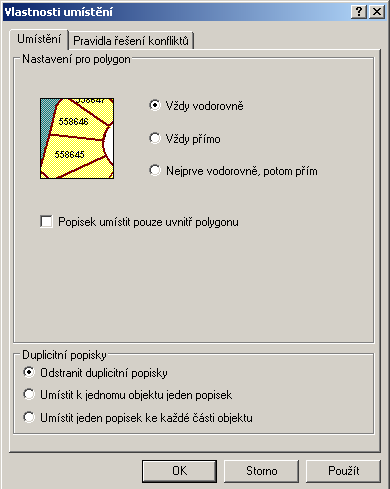 Obrázek 105: Odstranění duplicitních popisků. Zdroj: ArcGIS Změna pole popisku Vypněte ze zobrazení vrstvu Území obce a zapněte vrstvu Rozloha území obce. Maximalizujte zobrazení rozsahu mapy.