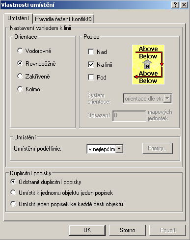 Otevřete dialogové okno záložky Popisky ve vlastnostech vrstvy Hlavní silnice. Pole, ve kterém jsou udržovány popisky silnic se jmenuje NAZEV. Nastavte velikost písma (například 7) a jeho barvu.