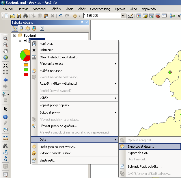 Obrázek 116: Export dat. Zdroj: ArcGIS Vytvořili jste novou vrstvu, obsahující údaje atributová pole z obou tabulek zdrojové prostorové i připojené neprostorové.