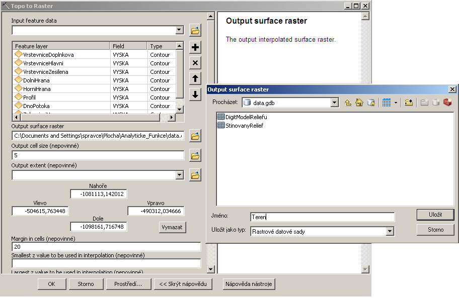Dále nastavte místo uložení vytvořeného rastru. Zvolte geodatabázi data.gdb a jako název uveďte Teren. Do pole Output cell size uveďte výsledné rozlišení rastru. Nastavte 5.