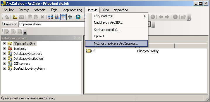 4.3 ArcCatalog Aplikace ArcCatalog slouží pro kompletní správu geografických dat. Mezi základní funkce aplikace patří vytváření nových tříd prvků, jejich organizace a správa.
