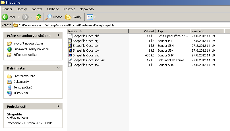 Obrázek 52: Struktura formátu shapefile. Zdroj: Průzkumník Windows Každý ze souborů má svou funkci. Například v souboru s příponou *.dbf jsou uložena popisná data jednotlivých prvků v mapě.